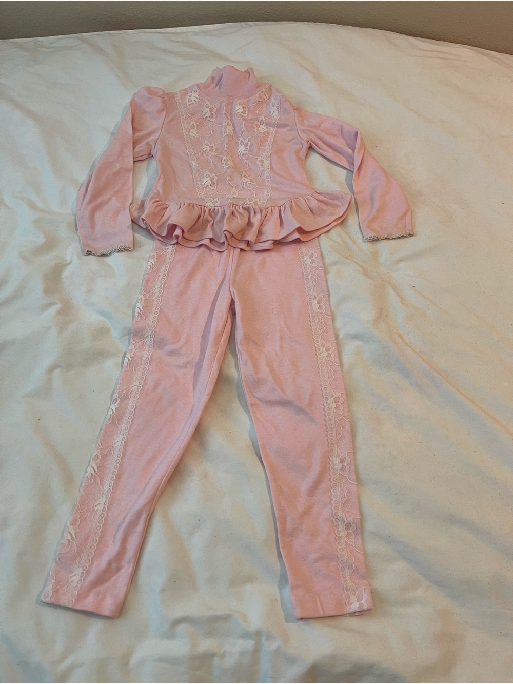 Girls' Pink Lace Ruffle Matching Set - Soft Two-Piece Outfit